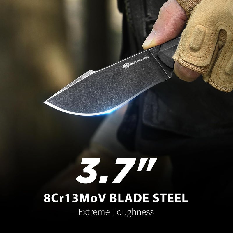 DRACHENADER Survival Knife with Fire Starter L-Y, 7.68" Tactical Small Fixed Blade EDC Knife for Men, Full Tang, Stonewashed Black Blade & Black Handle - Image 4